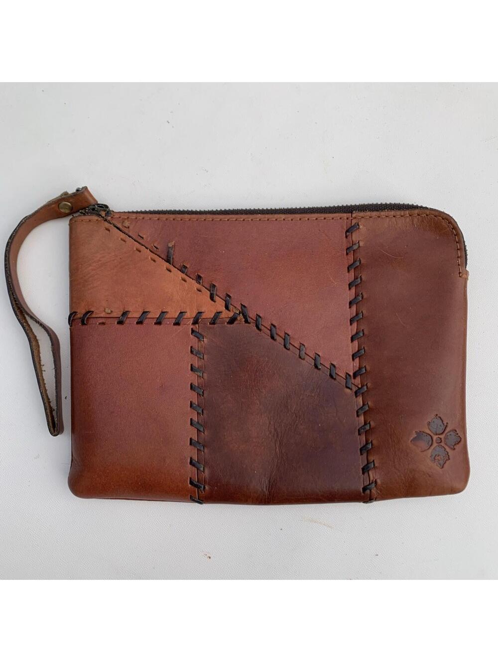 Patricia Nash Genuine Leather Clutch Purse Bag Brown  Wristlet Tooled Patchwork